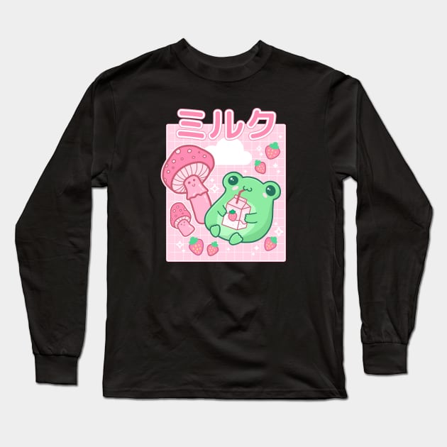 A Retro Harajuku Tale of a Cute Strawberry Frog, Anime Milk Box, and a Korean Pop Pink Senpai Milkshake Long Sleeve T-Shirt by Ministry Of Frogs